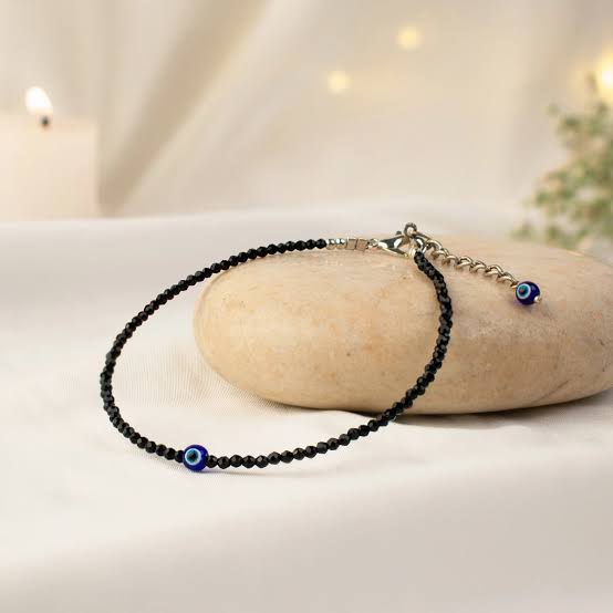 Black Tourmaline Anklet with Evil Eye