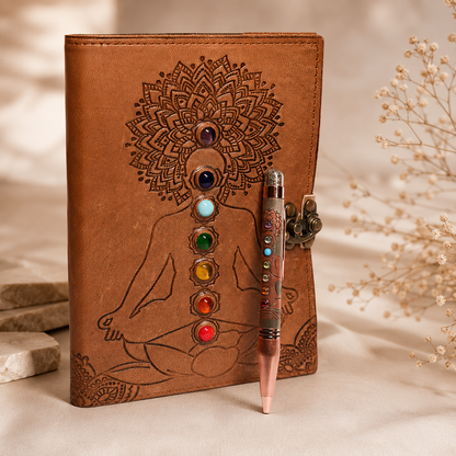 Combo - Seven Chakra Leather handmade book With Metal Lock & 7 Chakra Ball Pen