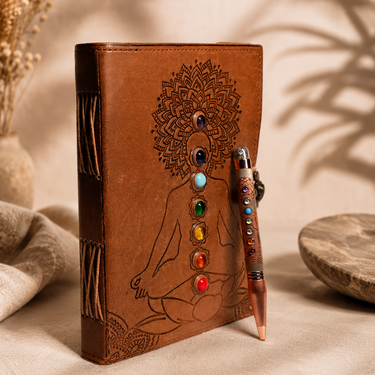 Combo - Seven Chakra Leather handmade book With Metal Lock & 7 Chakra Ball Pen