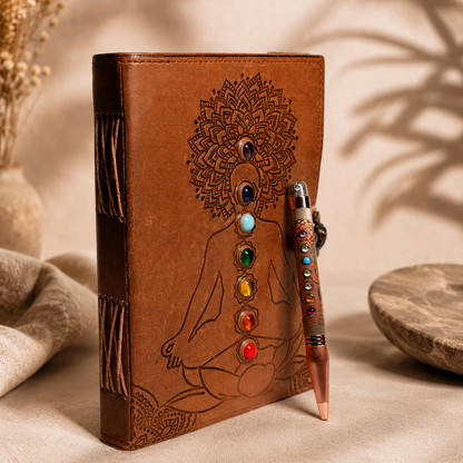 Combo - Seven Chakra Leather handmade book With Metal Lock & 7 Chakra Ball Pen
