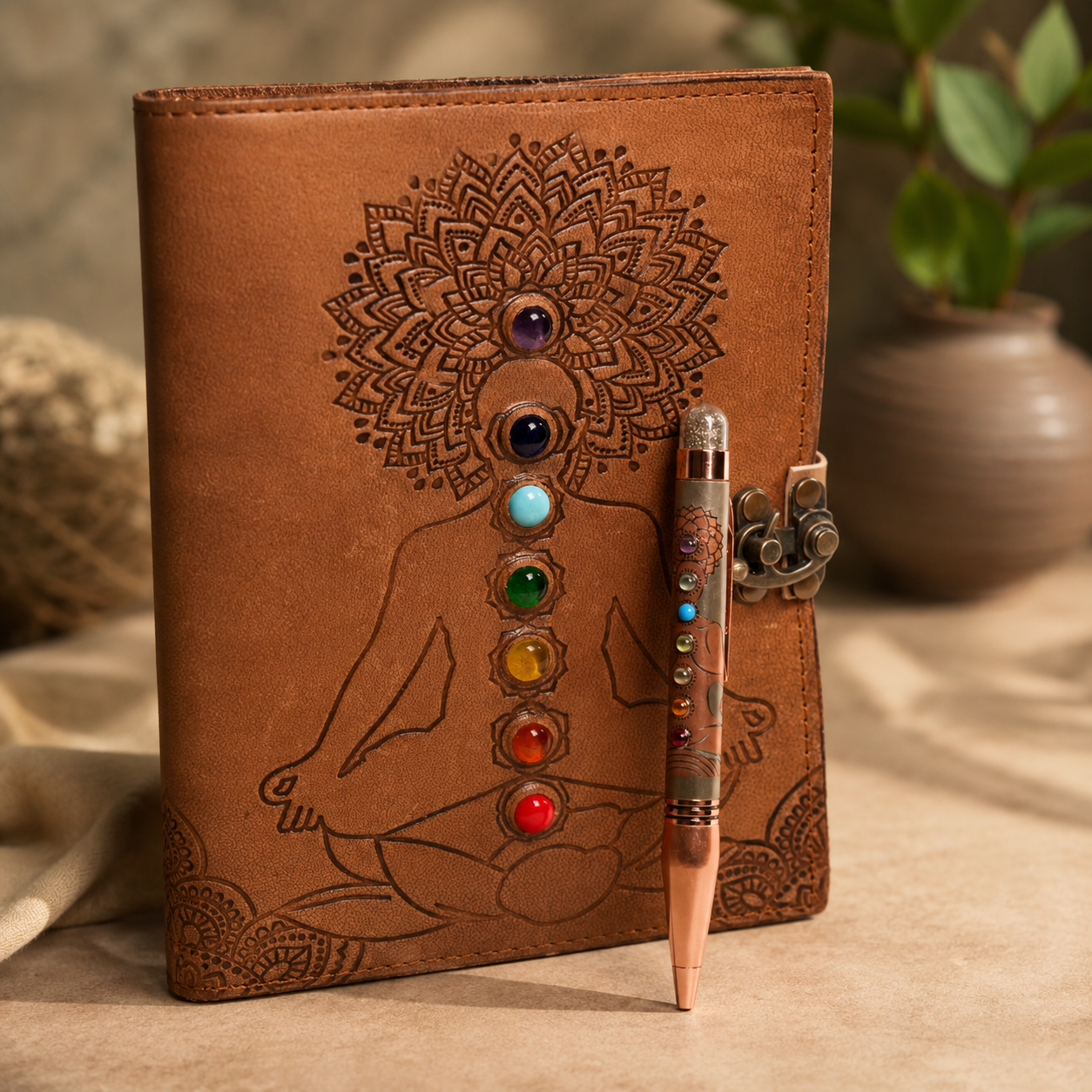 Combo - Seven Chakra Leather handmade book With Metal Lock & 7 Chakra Ball Pen