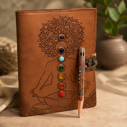 Combo - Seven Chakra Leather handmade book With Metal Lock & 7 Chakra Ball Pen
